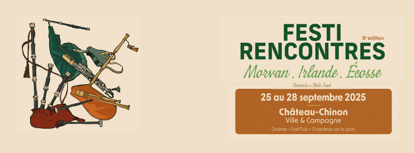 Flyer advertising the 2025 Festi Rencontres. Flyers shows musical instruments on the left with the name of the festival, dates and location on the right hand side.